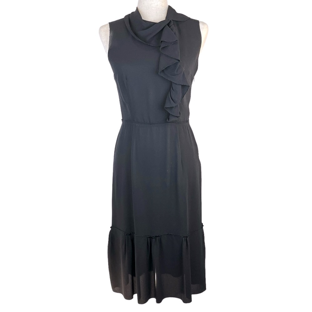 Vintage Prada Dress 100% Silk Crepe Black Sheer Ruffle Front and Neck Sz 2/4
